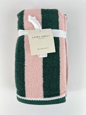 Laura Ashley Hand Towels Sunshine Stripe Pink Dark Green Soft Cotton 2 Pc NEW
